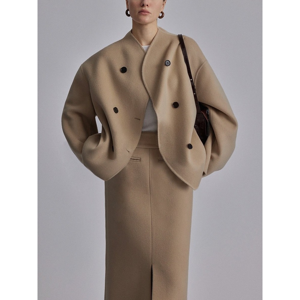 Double Breasted Wool Blend Jacket Collarless Cropped Coat Minimalist Style